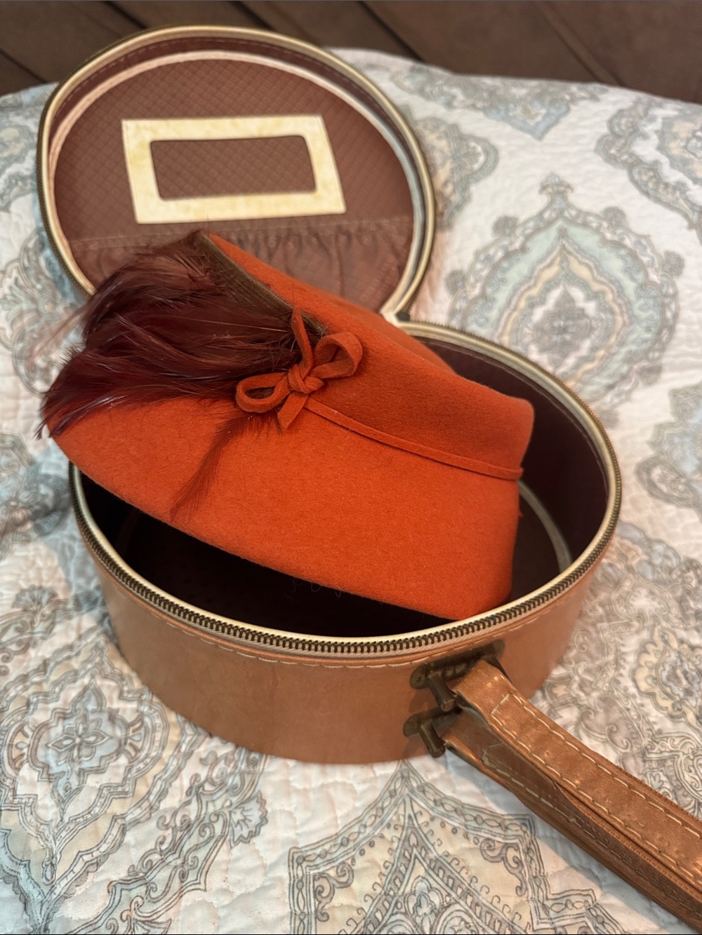 Women's Orange Felt Bow and Feather Cocktail Hat and zippered hat box